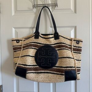 Tory Burch dark navy and Cream Striped Tote